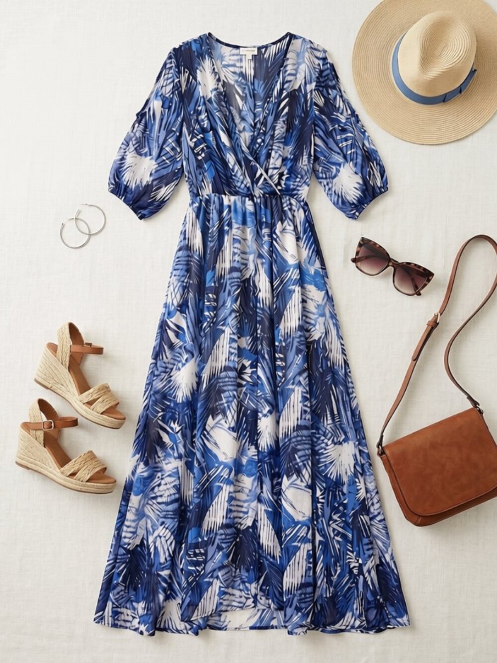 Haani | Blue Tropical Print Maxi Dress with Sheer 3/4 Sleeves | Sz M